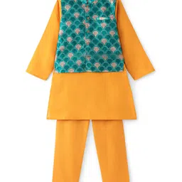 Babyhug Full Sleeves Solid Kurta Pyjama Set with Printed Jacket - Mustard image 1