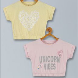 Plum Tree Pack Of 2 Half Sleeves Floral & Unicorn Text Printed Tops - Yellow & Pink-picture-37