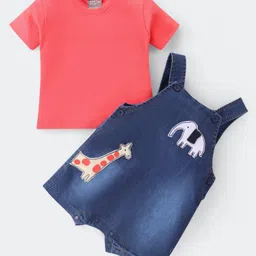 Little Kangaroos 100% Cotton Knit Half Sleeves T-Shirt & Dungarees Set with Animal Patch - Dark Blue-picture-10