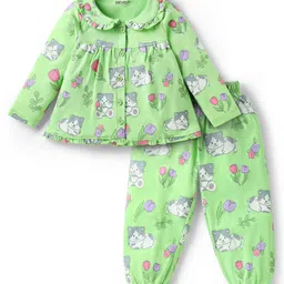 Babyoye 100% Cotton Knit Full Sleeves Co-Ord Night Suit Set with Animal Print - Light Green-image-38