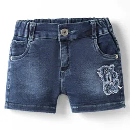 Olio Kids Denim Knit Above Knee Length Shorts with Play Text Patch - Navy Blue-image-53