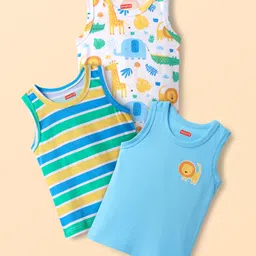 Babyhug 100% Cotton Antibacterial Sando With Stripes & Animal Print Pack Of 3 - Light Blue Yellow & Turquoise-picture-10