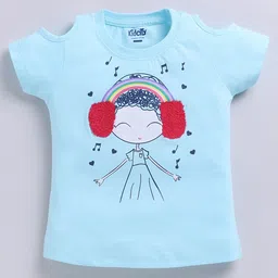 Kidcity Cotton Knit Half Sleeves Smiling Girl Wearing Rainbow Headphones Placement Printed Top - Sky Blue-picture-14