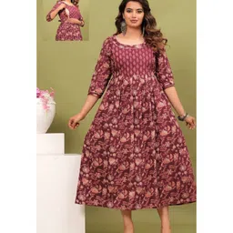 NEVISHA STYLE Cotton Woven Three Fourth Sleeves Floral Printed Maternity Kurta With Nursing Access - Purple-picture-16
