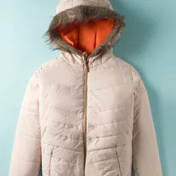 Wingsfield Full Sleeves Fur Detailed Padded Light Winter Hooded Jacket - Beige-image-92