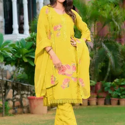 KALINI Women Floral Embroidered Regular Thread Work Chanderi Cotton Kurta with Trousers & With Dupatta-picture-36