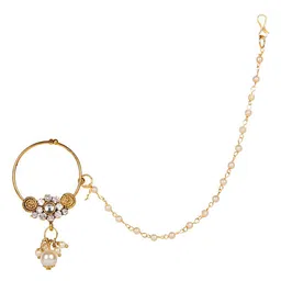 ANIKAS CREATION Gold-Plated & Off-White Beaded & Stone-Studded Chained Nose Ring image 1