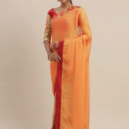 Mitera Orange & Beige Silk Blend Solid Saree image 1