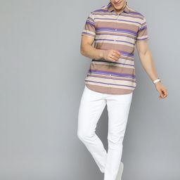 Mast & Harbour Men Beige & Purple Pure Cotton Classic Fit Striped Casual Shirt-picture-37
