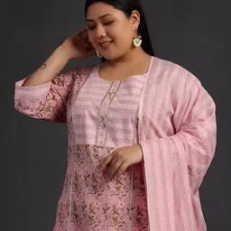 EXTRA LOVE BY LIBAS Floral Printed Round Neck Straight Kurta with Palazzos & With Dupatta image 5