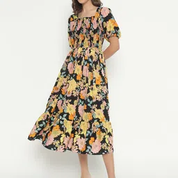 Krunal Raiyani Floral Print Applique Crepe Fit & Flare Dress-image-70