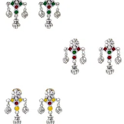 NAMAN ARTS Set Of 3 Silver-Plated Artificial Stones Studded Floral Meenakari Drop Earrings-picture-21