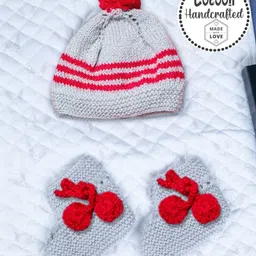 COCOON ORGANICS Handcrafted Soft And Warm Pom Pom Detail Winter Cap And Socks Set - Grey-picture-35