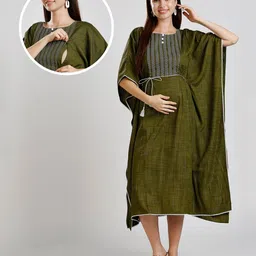 Dummy Shape Three Fourth Sleeves Abstract Embroidered Stretchable Maternity Kaftan Kurta With Attached Dori Belt & Concealed Zipper Nursing Access - Olive Green-picture-22