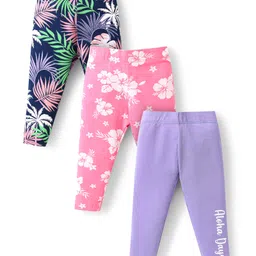 Babyhug Cotton Lycra Knit Full Length Leggings With Floral & Leaves Print Pack Of 3 - Pink Purple & Navy Blue-image-92