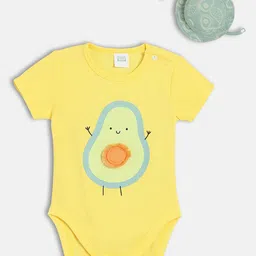 MINI KLUB Cotton Knit Half Sleeves Avacado Printed Onesie With Cap - Yellow-picture-11