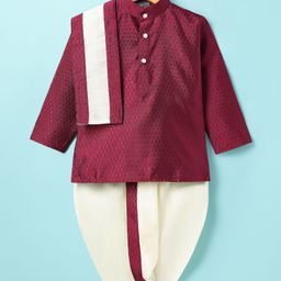 Dapper Dudes Full Sleeves Abstract Embroidered Kurta & Coordinating Dhoti With Angavastram Set - Purple-picture-26