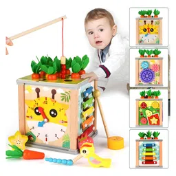 NEGOCIO 6-in-1 Activity Cube, Montessori Activity Center, Carrot Harvest Wooden Toy- Pack of 1- Color May Vary-image-11