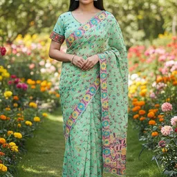 FABLAND Ethnic Motifs Print Jaali Jamdani Saree with Unstitched Blouse Piece image 4