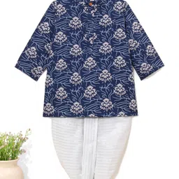 Babyhug 100% Cotton Full Sleeves Kurta & Lurex Dhoti Set Floral Print - Indigo image 2