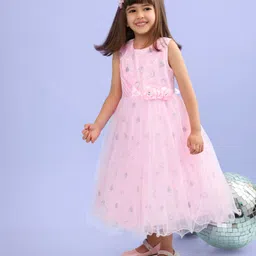 Babyhug Woven Sleeveless Sequinned Glittery  Party Wear Frock with Floral Corsage - Pink image 2