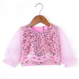 Babyhug Woven Full Sleeves Choli Lehenga & Dupatta Set With Sequin Embroidery - Pink image 2