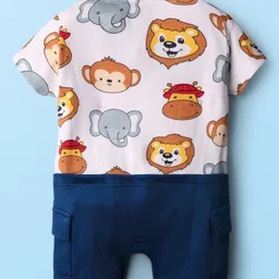 Babyhug Interlock Knit Half Sleeves Romper with Animal Print - Navy Blue & White image 2