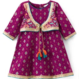 EARTHY TOUCH Single Jersey Knit Three Fourth Sleeves Kurta Salwar & Dupatta Set With Floral Foil Print - Purple image 2