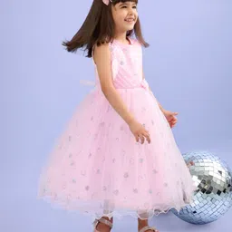 Babyhug Woven Sleeveless Sequinned Glittery  Party Wear Frock with Floral Corsage - Pink image 3