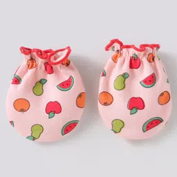 Ben Benny 100% Cotton Knit Solid & Fruit Printed Mittens & Booties Pack of 2 - Peach & Aqua Blue image 3