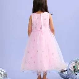 Babyhug Woven Sleeveless Sequinned Glittery  Party Wear Frock with Floral Corsage - Pink image 4