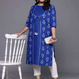 A PLUS BY AHALYAA Plus Size Ethnic Motifs Printed Layered Gotta Patti Pure Cotton Kurta image 5