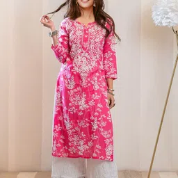 DIVASTRI Floral Embroidered Notch Neck Chikankari Straight Kurta-picture-5