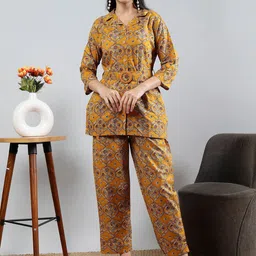 Polyglot Floral Printed Pure Cotton Shirt Collar Top With Trousers-image-3