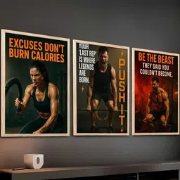 WALLLANE Set of 3 Brown Wood Bodybuilding Motivational Art Framed Posters image 2