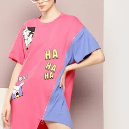 Kook N Keech Pure Cotton Disney Printed Colourblocked Asymmetric T-shirt Dress-picture-31