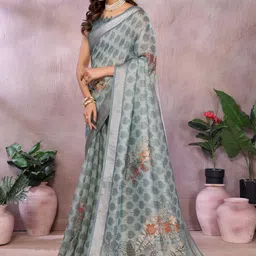 HERE&NOW Green Printed Linen Blend Jamdani Sarees image 5