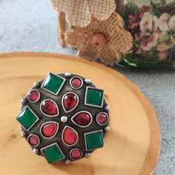 EL REGALO Women German Silver Red & Green Stone-Studded Oxidised Finger Ring-image-7