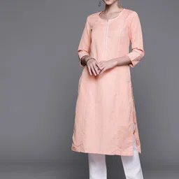 Biba Women Peach-Coloured Cotton Linen Solid Thread Work Kurta-picture-31