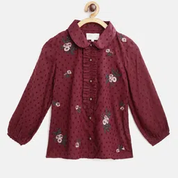 Cherry Crumble Girls Maroon & Green Floral Embroidered Dobby Cotton Top-picture-18