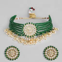 I Jewels Gold-Plated & Green Kundan Studded Pearl Beaded Jewellery Set image 2