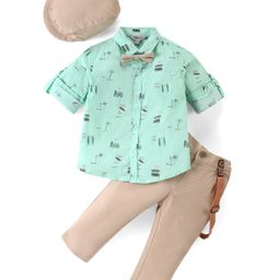 ToffyHouse 100% Cotton Woven Full Sleeves Beach Theme Printed Shirt & Trouser Set with Bow Hat & Suspender - Tan & Green-picture-28
