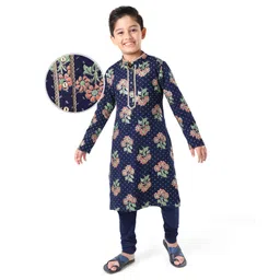 EARTHY TOUCH Premium Cotton Jersey Knit Full Sleeves Kurta & Pajama Set Floral Print - Navy Blue-picture-20