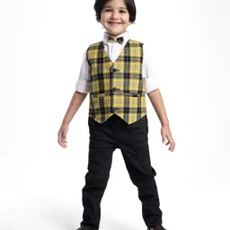 Babyhug Woven Full Sleeves Checkered 3 Piece Party Suit with Bow - Yellow & Black-picture-30