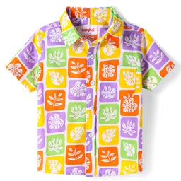Babyhug Cotton Knit Half Sleeves Collar Shirt with Tropical Theme Print- Yellow & Green-picture-20