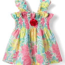Dew Drops Cotton Woven Sleeveless Frock with Smock Detailing & Floral Print - Pink-picture-14