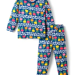 Babyhug Cotton Knit Full Sleeves Co-ord Night Suit With Floral Print - Navy Blue-picture-13