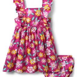 Babyhug Cotton Knit Frill Sleeves Frock With Floral Print & Bloomer - Fuchsia-picture-28