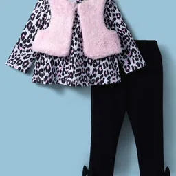 ToffyHouse Cotton Full Sleeves Leopard Printed Top With Fur Shrug & Pants Set - Black-image-31