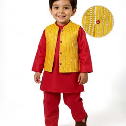 Babyhug Woven Mandarin Collar Full Sleeves Kurta Pajama Set With Sequin Detailing Jacket - Red-picture-36